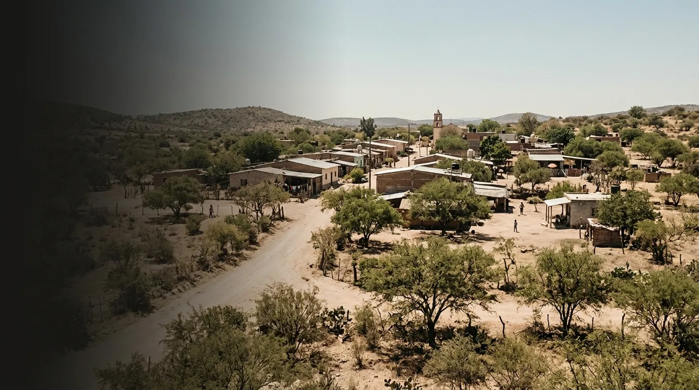 Vista aérea de una comunidad rural entre mezquites