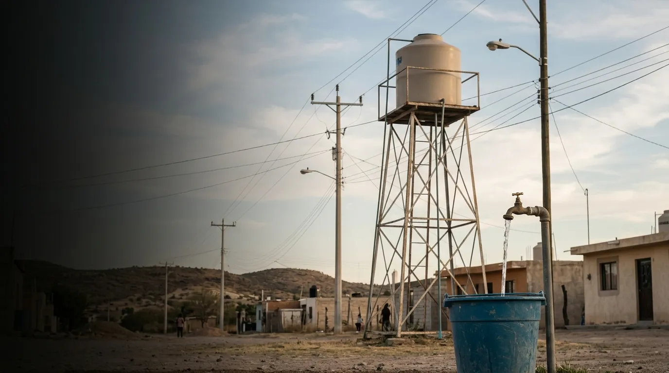 Tanque elevado de agua y postes de luz en una comunidad