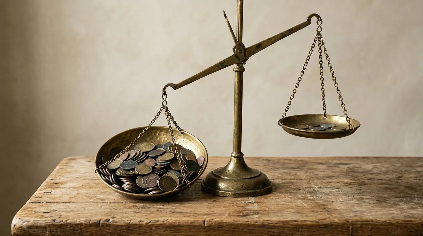 Balanza antigua de latón con un platillo lleno de monedas y otro casi vacío