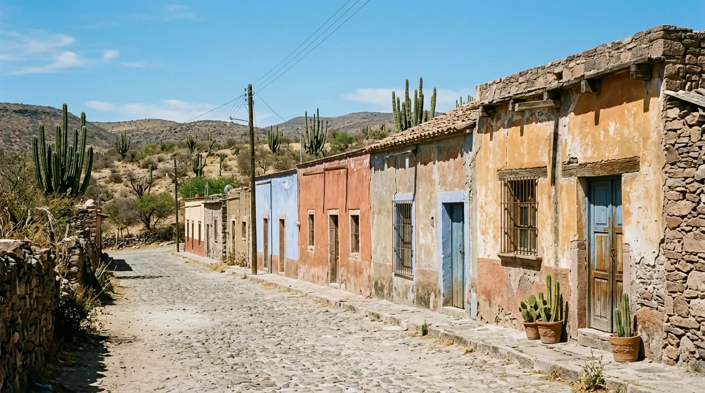 Hilera de casas de piedra y adobe en una calle empedrada del semidesierto, con órganos al fondo