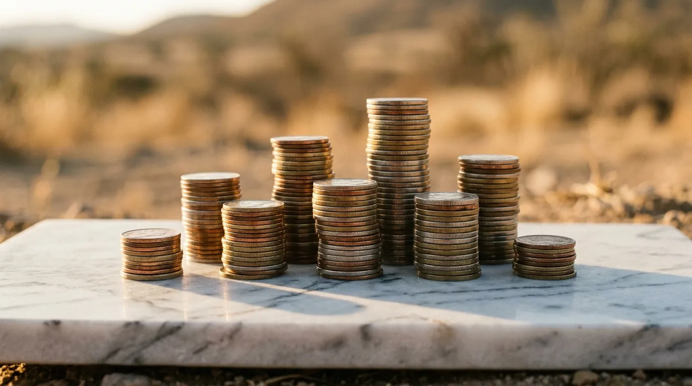 Columnas de monedas de distinta altura sobre una losa de mármol, con el semidesierto desenfocado al fondo